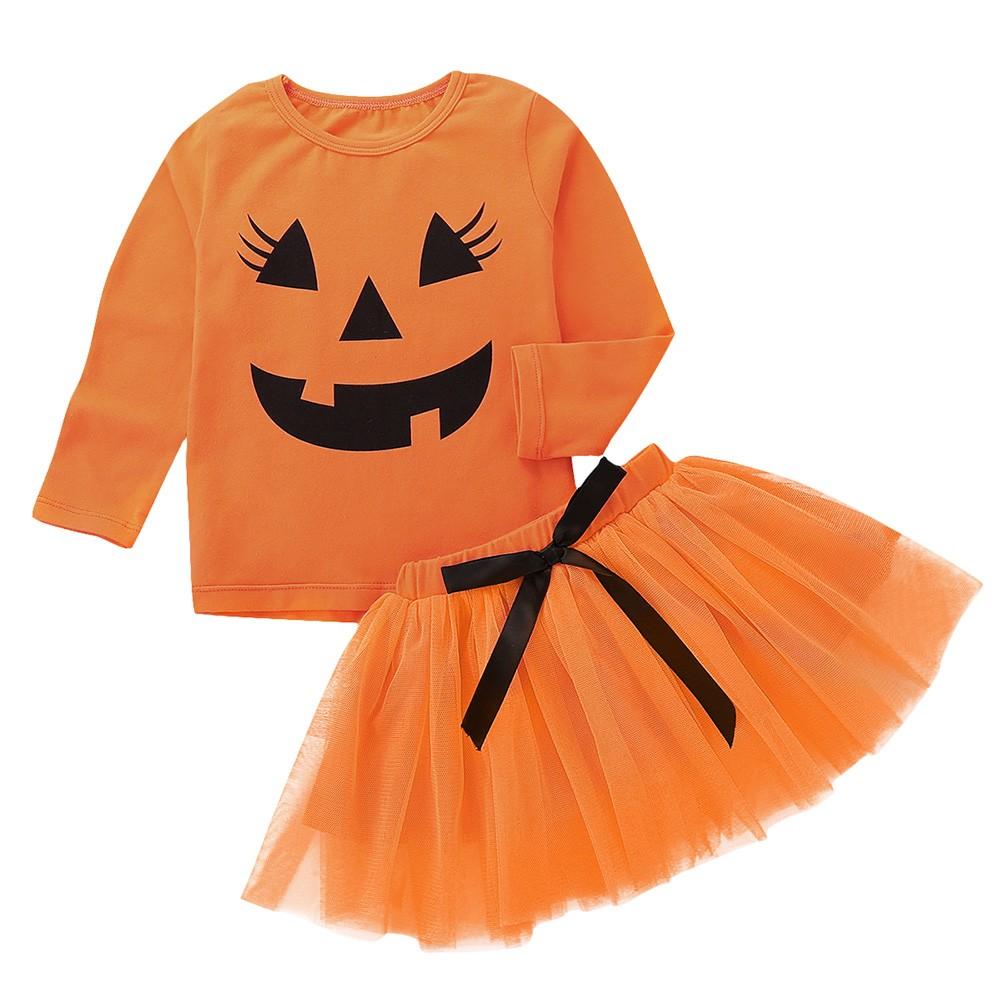 Halloween Set Two-piece Summer Girl Set Orange Round Neck Halloween