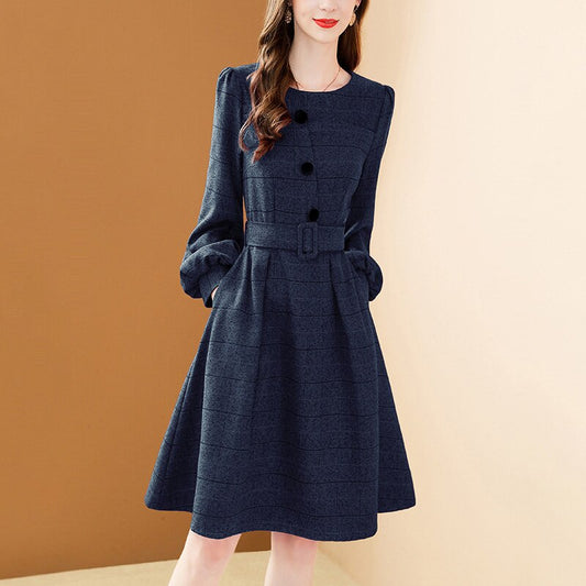 EVNISI 2022 Fashion Blue Plaid Dress Women New Elegant Button Lantern
