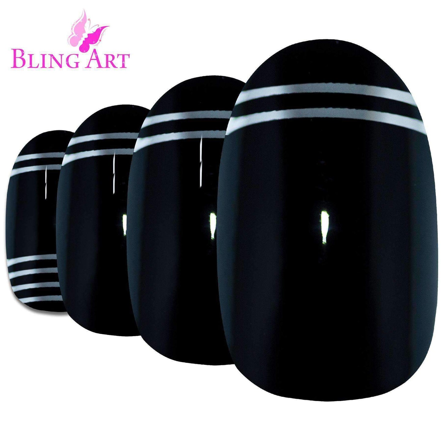False Nails by Bling Art Black Silver Glossy Oval Medium Fake 24