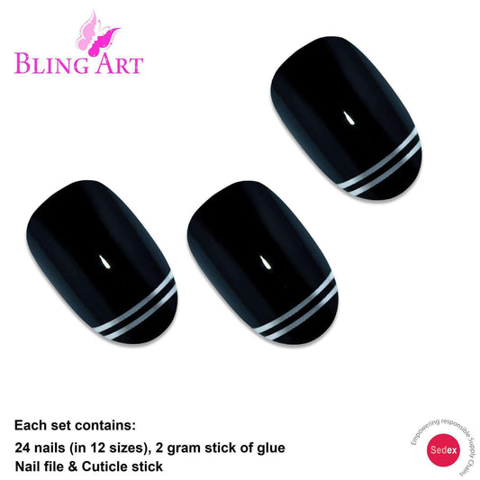 False Nails by Bling Art Black Silver Glossy Oval Medium Fake 24
