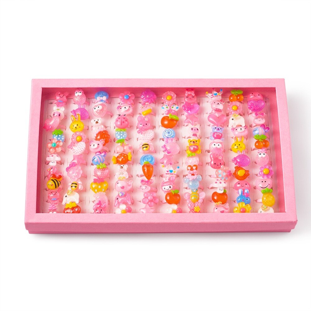 100pcs/box Cute Children's Day Jewelry Plastic Kids Ring Girl Resin