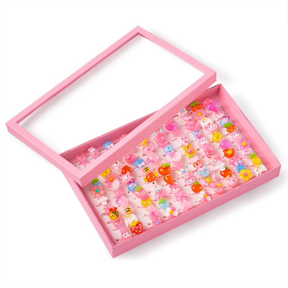 100pcs/box Cute Children's Day Jewelry Plastic Kids Ring Girl Resin