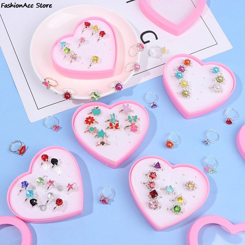 10pcs Children Kids Little Girl Gift Jewelry Adjustable Rings In Box