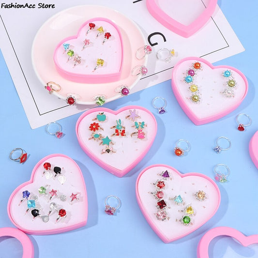 10pcs Children Kids Little Girl Gift Jewelry Adjustable Rings In Box