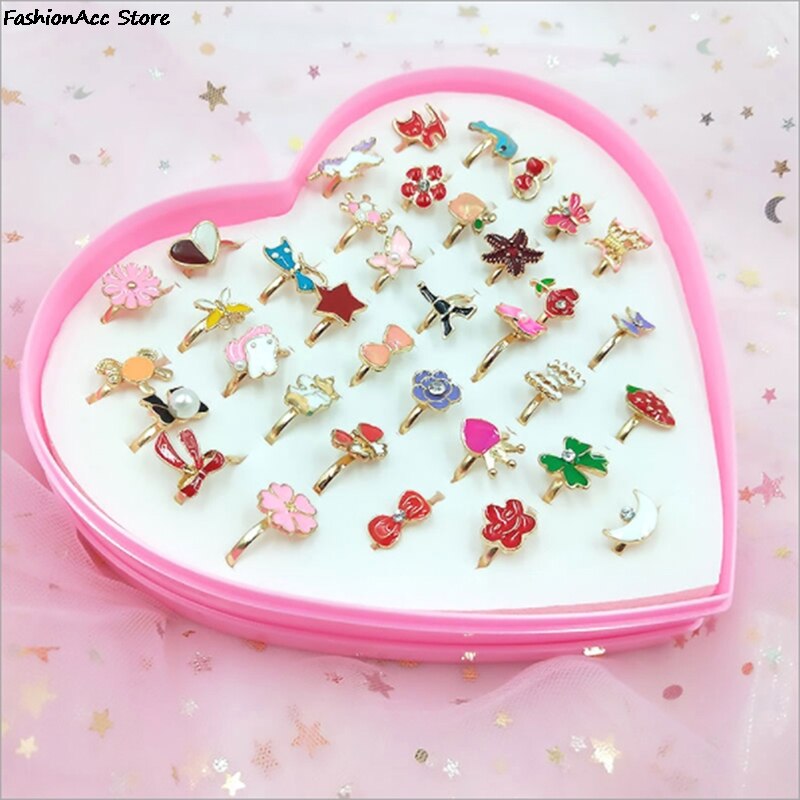 10pcs Children Kids Little Girl Gift Jewelry Adjustable Rings In Box