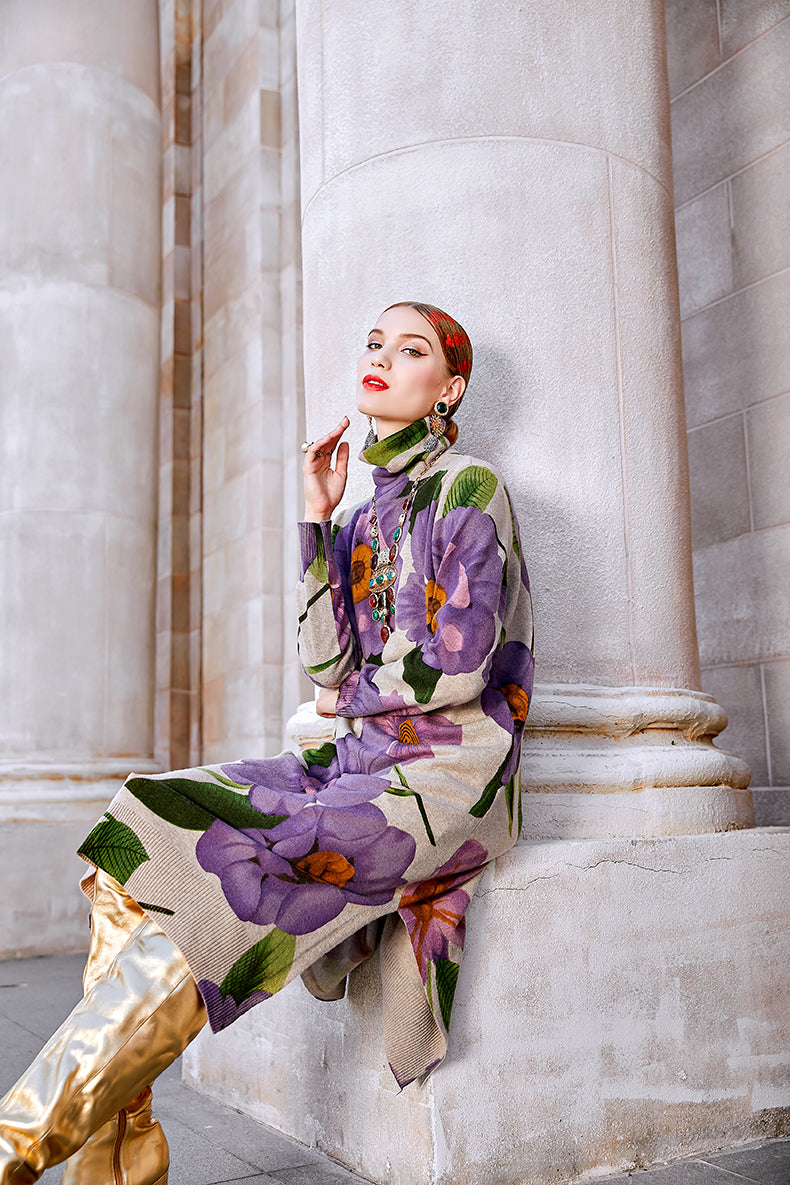 2022 Winter Casual Floral Knited Turtleneck Sweater Dress Autumn