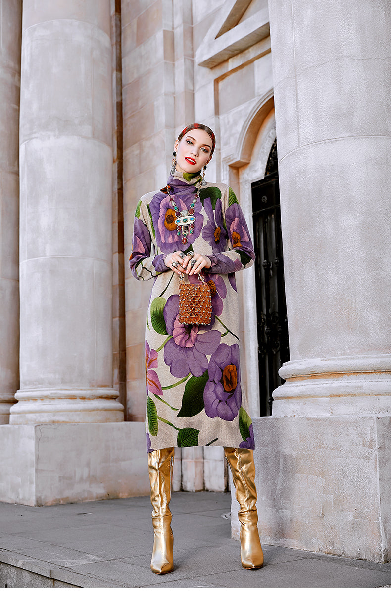2022 Winter Casual Floral Knited Turtleneck Sweater Dress Autumn