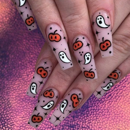 24Pcs Long Coffin False Nails Halloween Fire Designs Wearable French