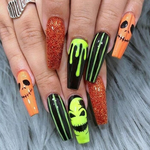 24Pcs Long Coffin False Nails Halloween Fire Designs Wearable French