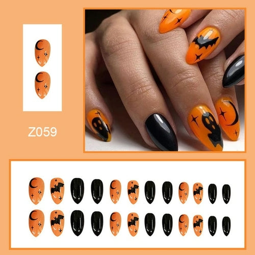 24Pcs Long Coffin False Nails Halloween Fire Designs Wearable French