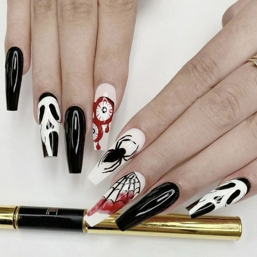 24Pcs Long Coffin False Nails Halloween Fire Designs Wearable French