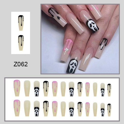 24Pcs Long Coffin False Nails Halloween Fire Designs Wearable French