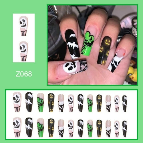 24Pcs Long Coffin False Nails Halloween Fire Designs Wearable French