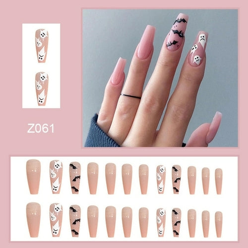 24Pcs Long Coffin False Nails Halloween Fire Designs Wearable French