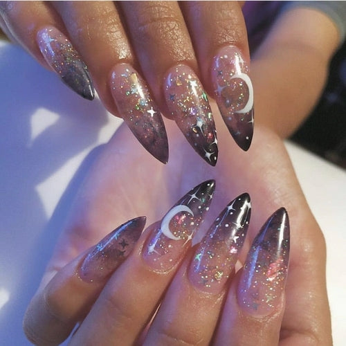 24Pcs Long Coffin False Nails Halloween Fire Designs Wearable French