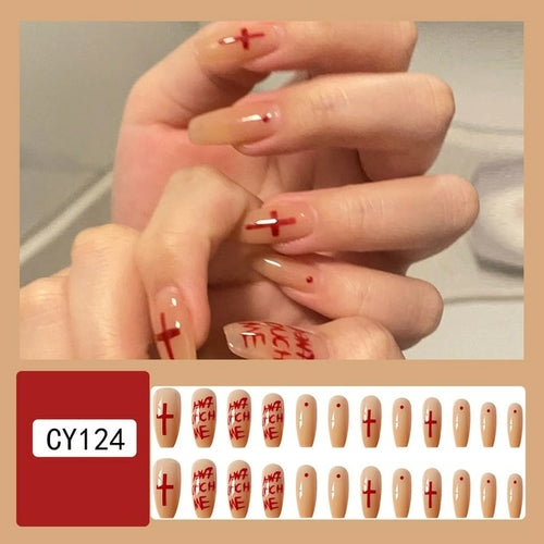 24Pcs Long Coffin False Nails Halloween Fire Designs Wearable French