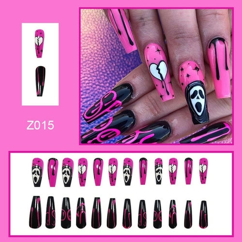 24Pcs Long Coffin False Nails Halloween Fire Designs Wearable French