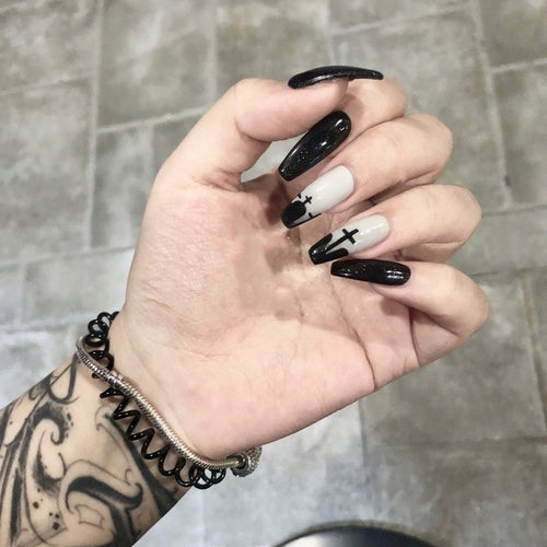 24Pcs Long Coffin False Nails Halloween Fire Designs Wearable French