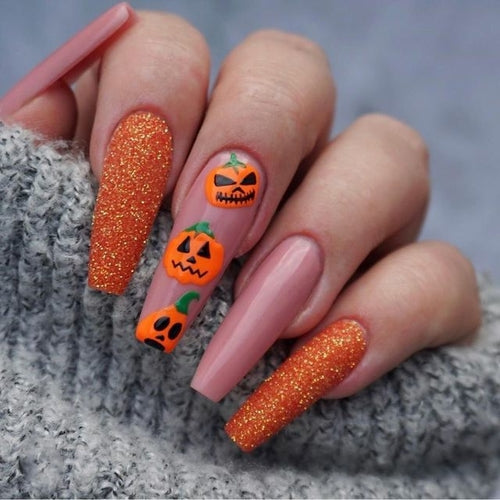 24Pcs Long Coffin False Nails Halloween Fire Designs Wearable French