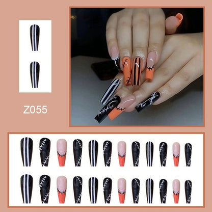 24Pcs Long Coffin False Nails Halloween Fire Designs Wearable French