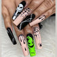 24Pcs Long Coffin False Nails Halloween Fire Designs Wearable French