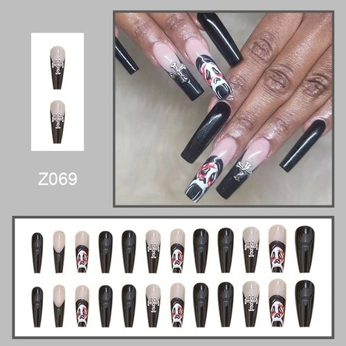 24Pcs Long Coffin False Nails Halloween Fire Designs Wearable French