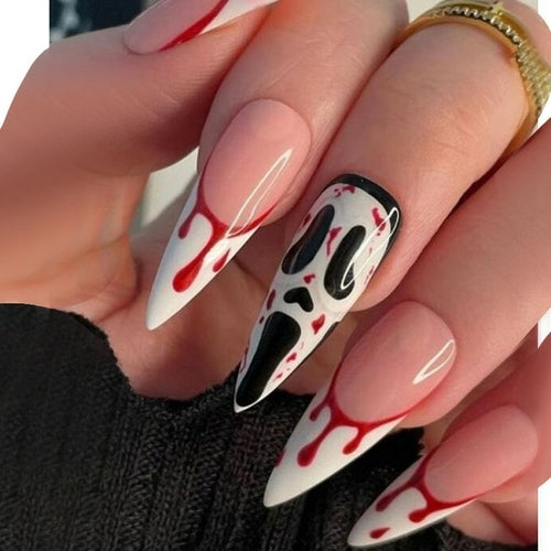 24Pcs Long Coffin False Nails Halloween Fire Designs Wearable French