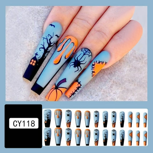 24Pcs Long Coffin False Nails Halloween Fire Designs Wearable French