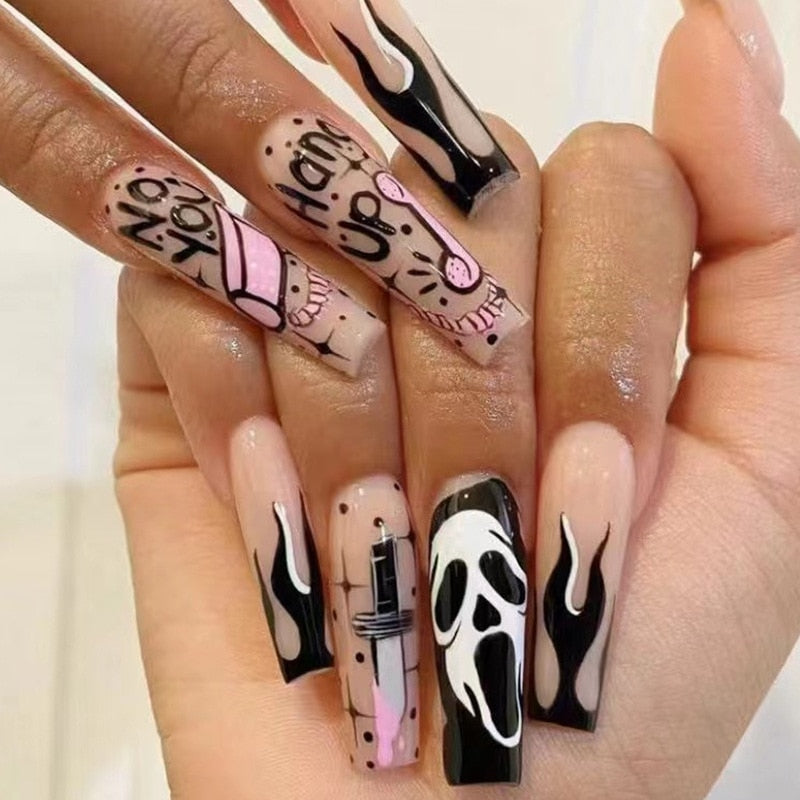 24Pcs Long Coffin False Nails Halloween Fire Designs Wearable French