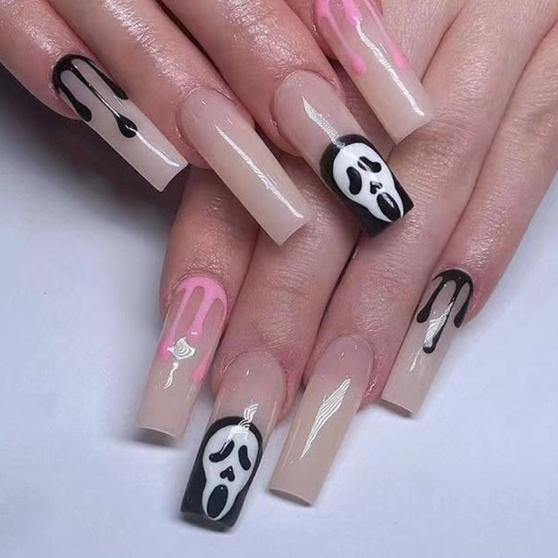 24Pcs Long Coffin False Nails Halloween Fire Designs Wearable French