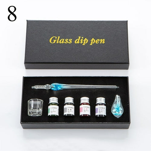 3/7/15 Pcs Glass Pen Set 7ml Colors Ink Floral Crystal Glass Dip Pen