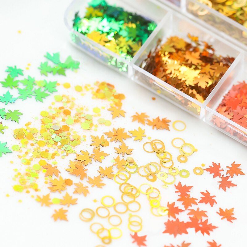 6 Grids/Box Maple Leaf Nail Sequins Laser Iridescent Snowflakes Nail