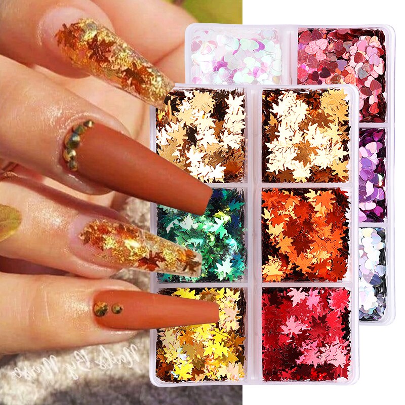 6 Grids/Box Maple Leaf Nail Sequins Laser Iridescent Snowflakes Nail