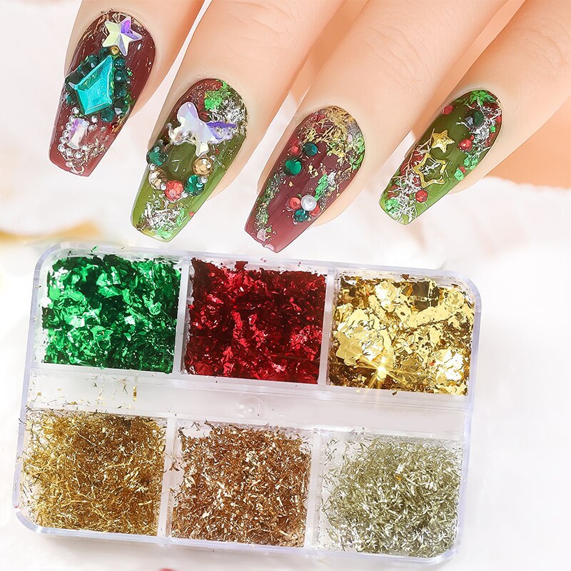 6 Grids/Box Maple Leaf Nail Sequins Laser Iridescent Snowflakes Nail