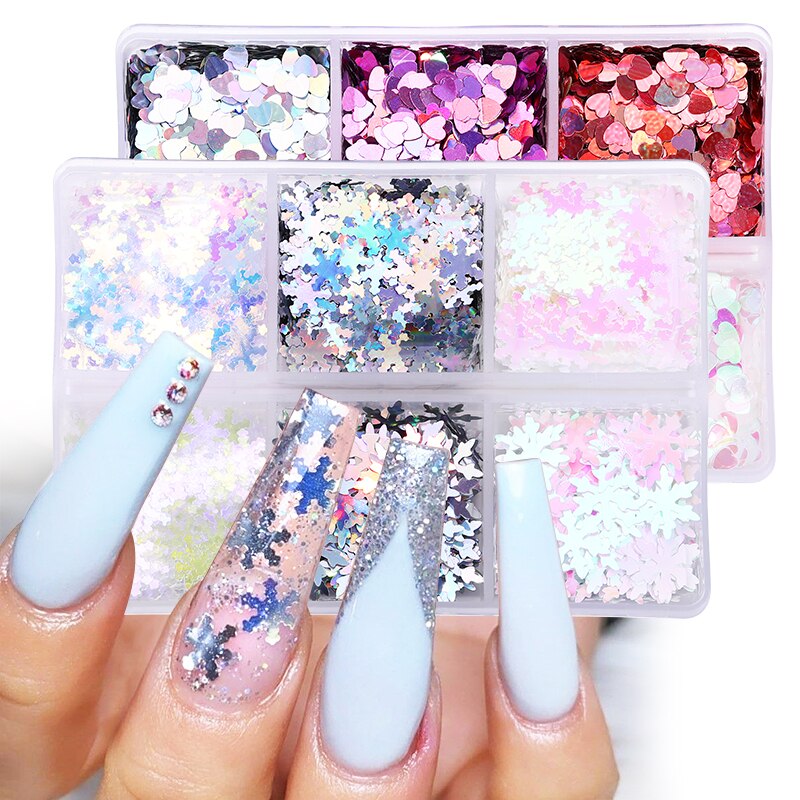 6 Grids/Box Maple Leaf Nail Sequins Laser Iridescent Snowflakes Nail