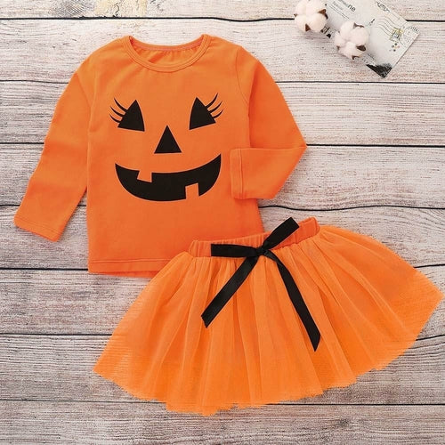 Halloween Set Two-piece Summer Girl Set Orange Round Neck Halloween