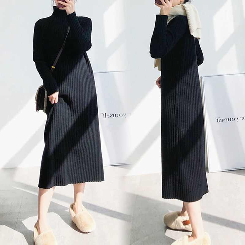 Autumn Turtleneck Warm Korean Vintage Loose Knee Pregnant Woman