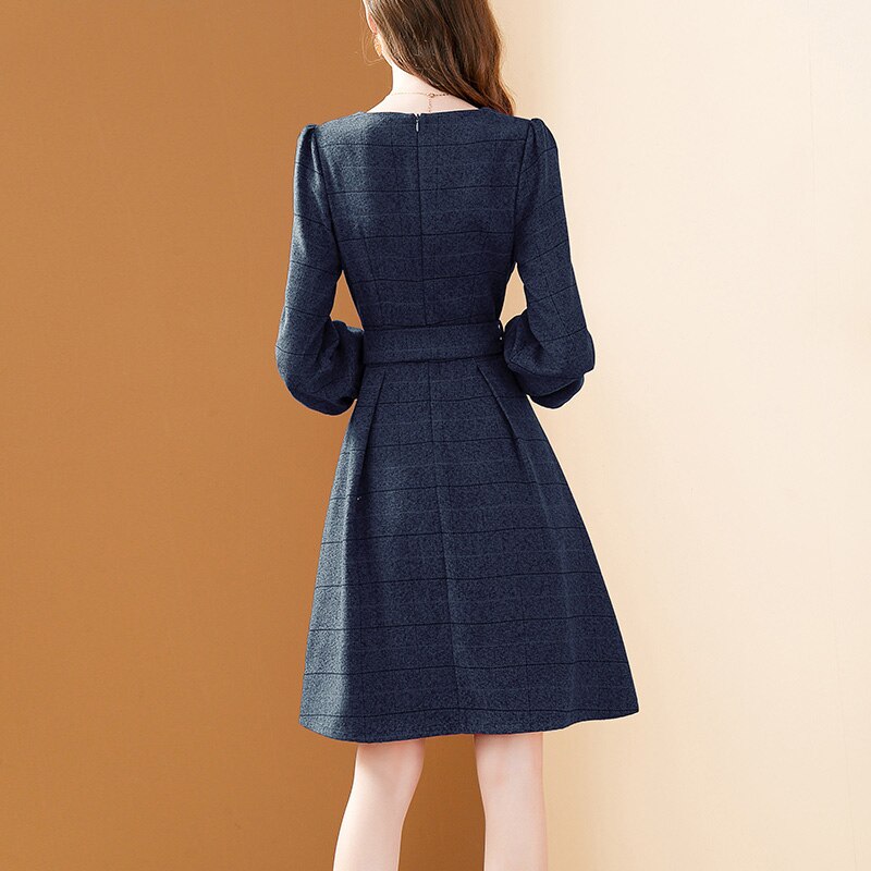 EVNISI 2022 Fashion Blue Plaid Dress Women New Elegant Button Lantern