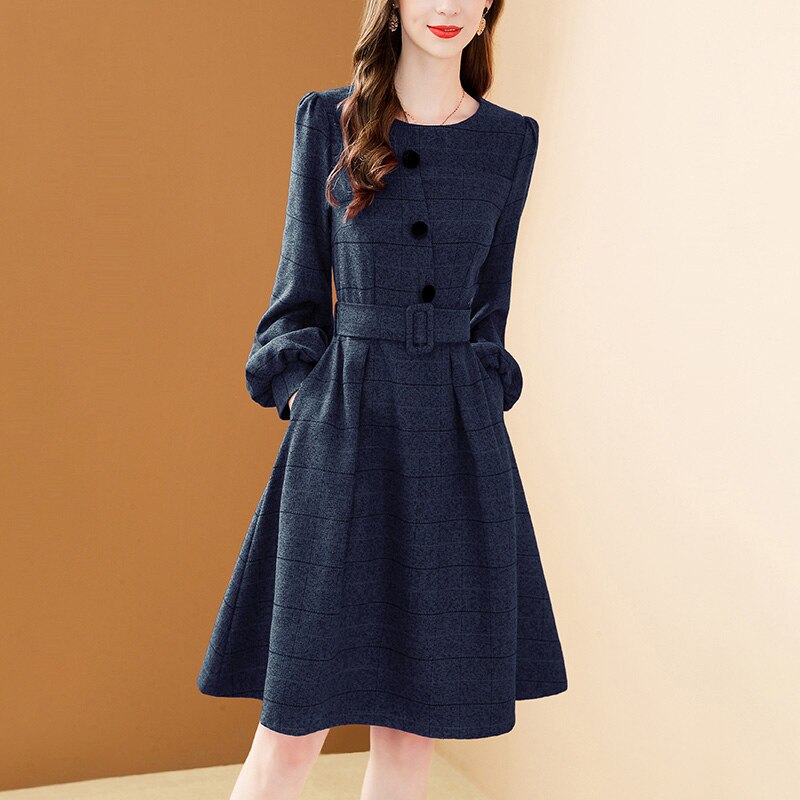 EVNISI 2022 Fashion Blue Plaid Dress Women New Elegant Button Lantern