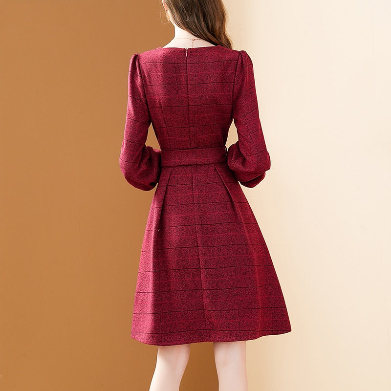 EVNISI 2022 Fashion Blue Plaid Dress Women New Elegant Button Lantern