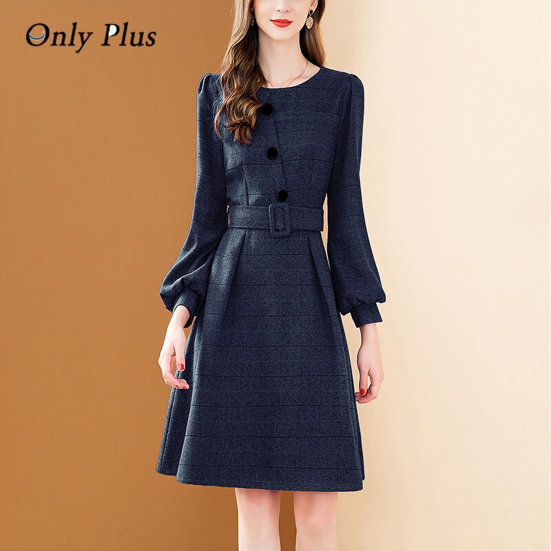 EVNISI 2022 Fashion Blue Plaid Dress Women New Elegant Button Lantern