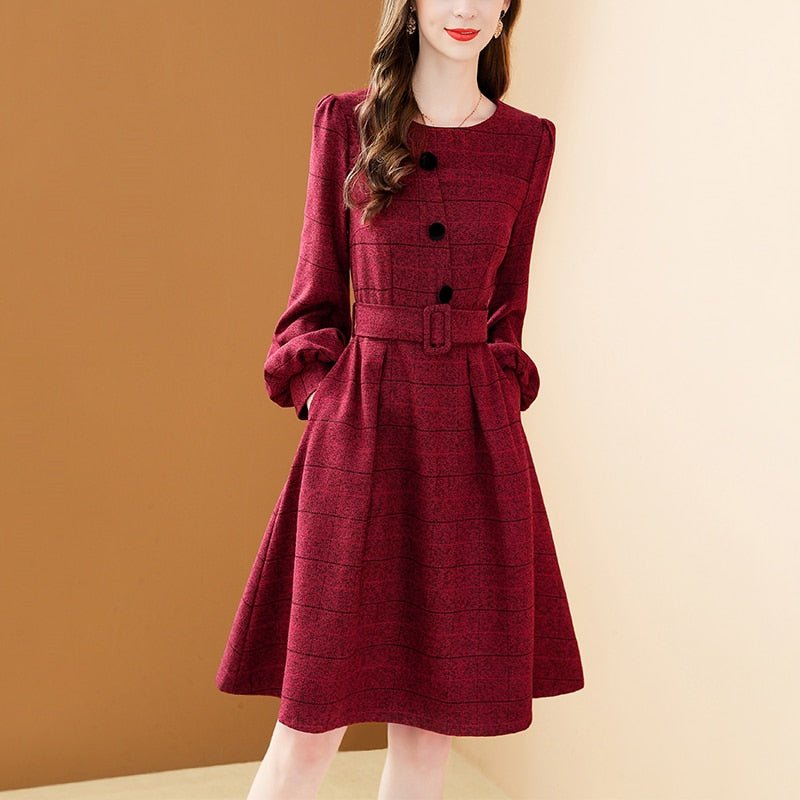EVNISI 2022 Fashion Blue Plaid Dress Women New Elegant Button Lantern