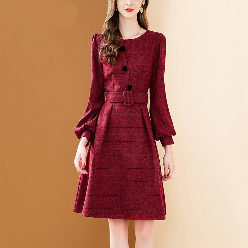 EVNISI 2022 Fashion Blue Plaid Dress Women New Elegant Button Lantern
