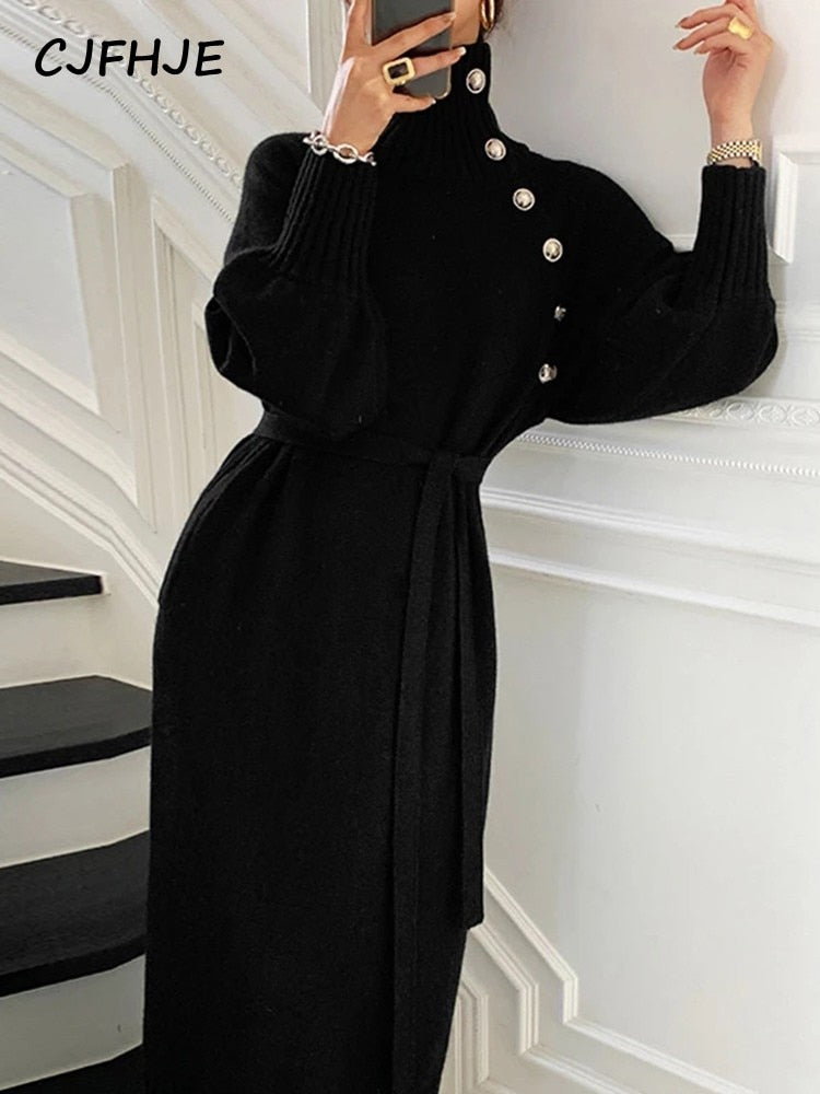 Elegant Full Sleeve Lace up Female Thicken Long Dress for Sweater