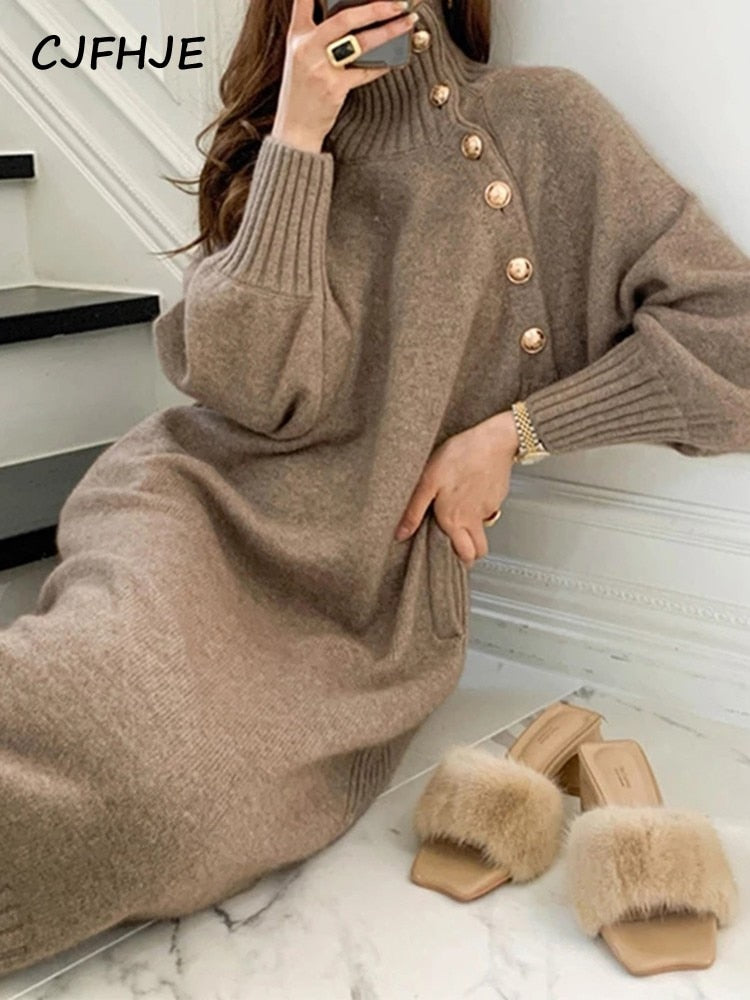 Elegant Full Sleeve Lace up Female Thicken Long Dress for Sweater