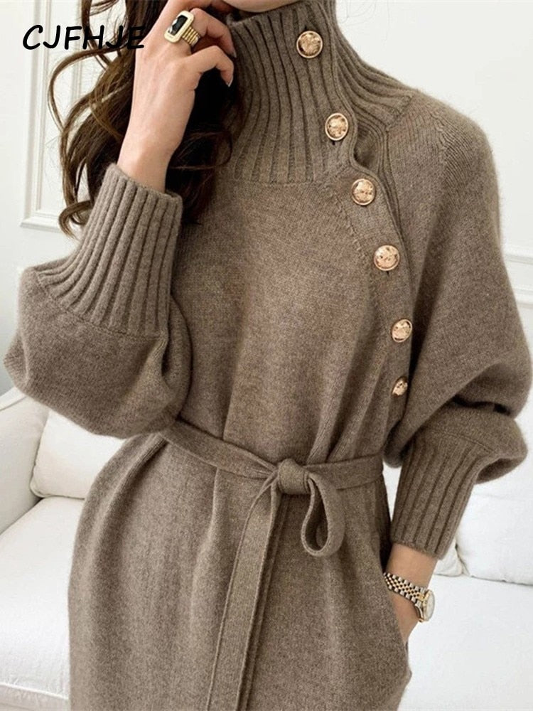 Elegant Full Sleeve Lace up Female Thicken Long Dress for Sweater
