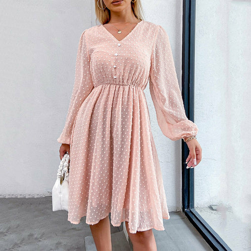 Navy Blue Polka Dot Button V Neck Transparent Dress