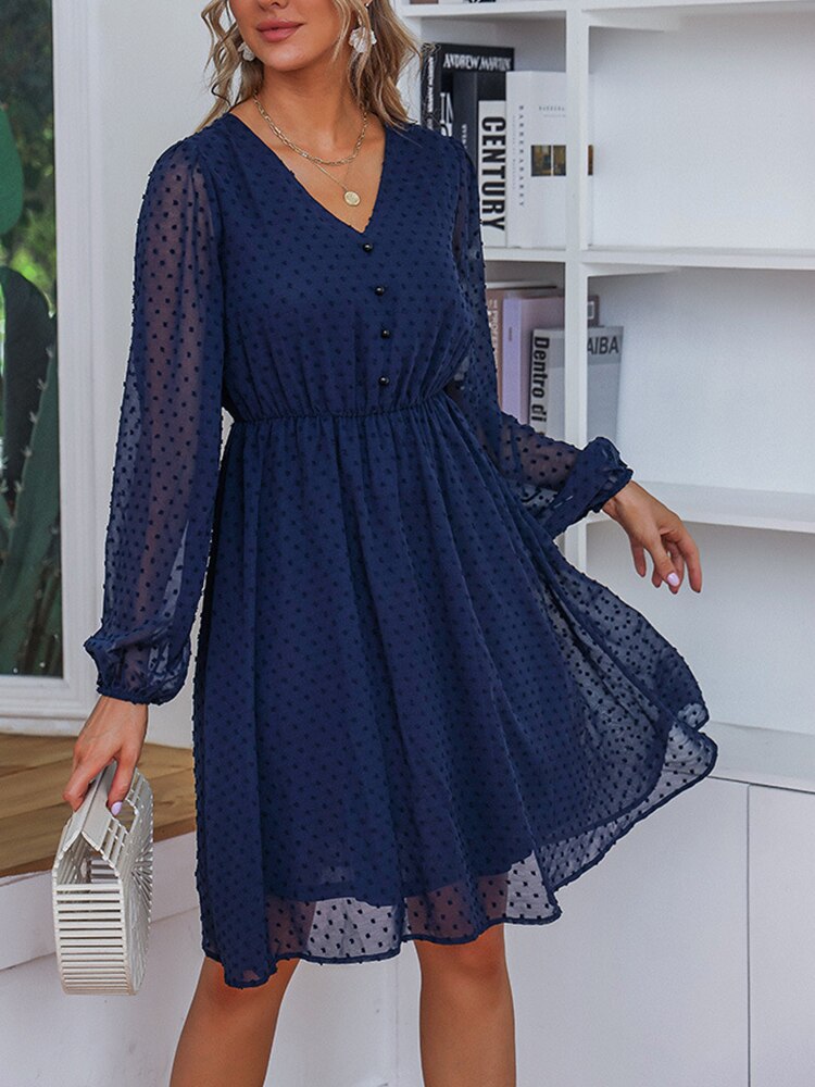 Navy Blue Polka Dot Button V Neck Transparent Dress
