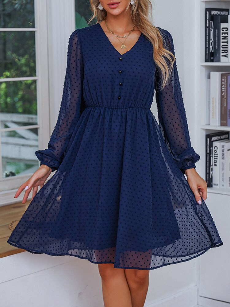 Navy Blue Polka Dot Button V Neck Transparent Dress