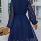 Navy Blue Polka Dot Button V Neck Transparent Dress